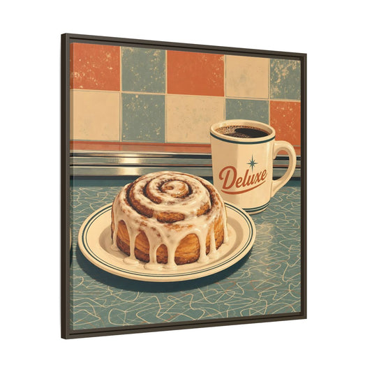 Main Mockup. Vintage Cinnamon Roll Blue Orange Retro shown as stretched canvas wall art