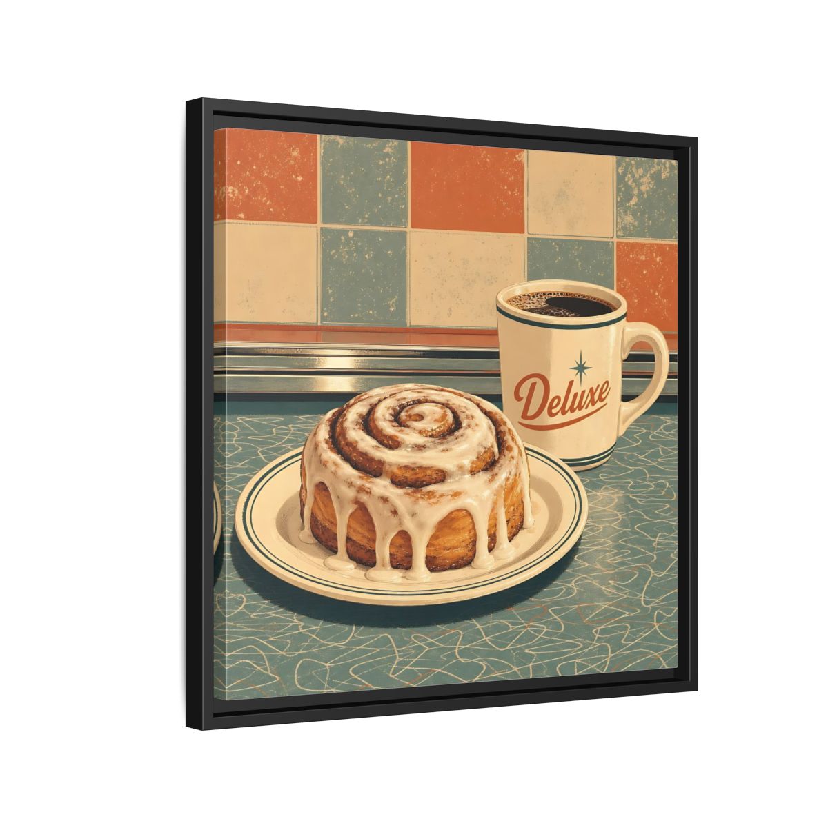 Side Mockup 12. Vintage Cinnamon Roll Blue Orange Retro shown as stretched canvas wall art