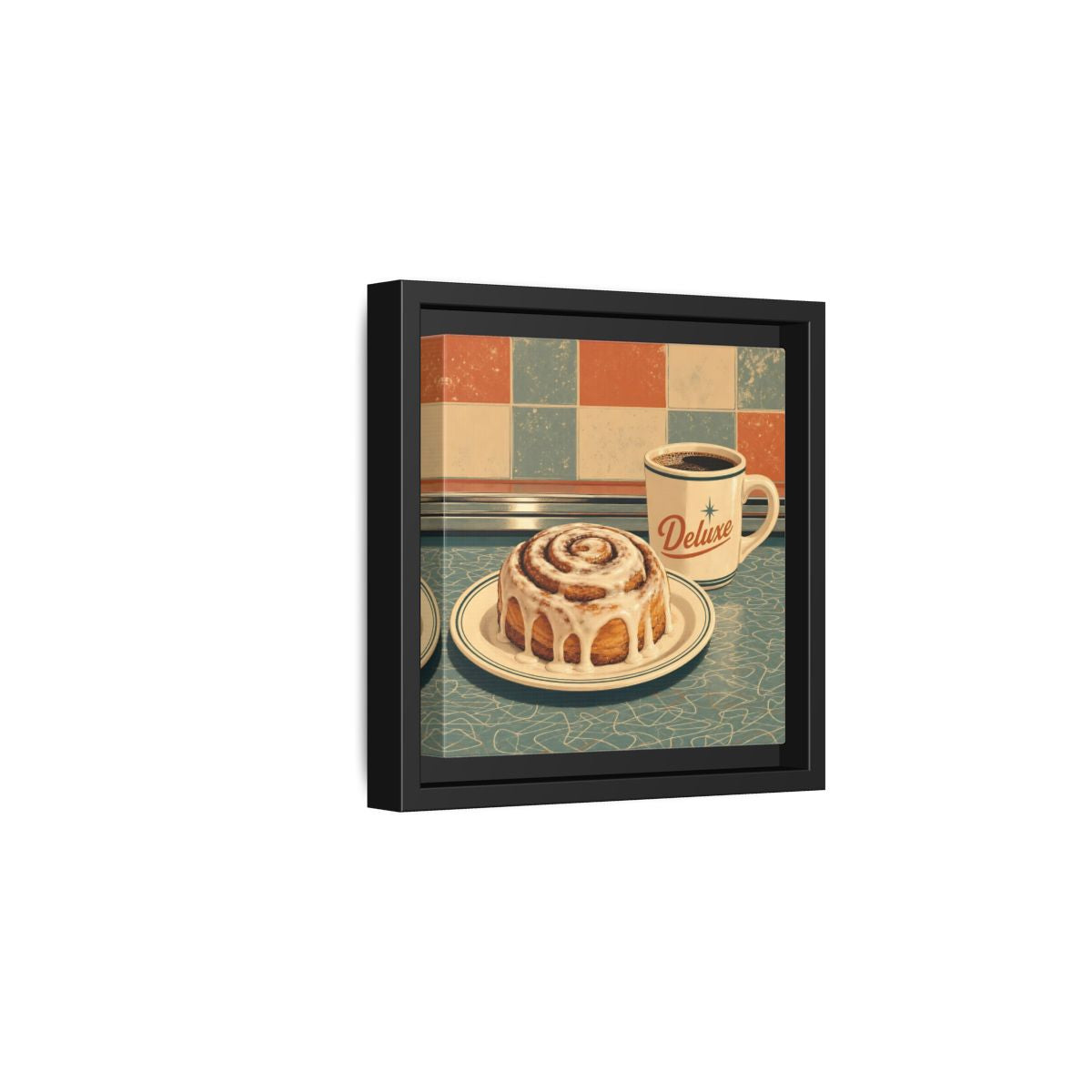 Side Mockup 3. Vintage Cinnamon Roll Blue Orange Retro shown as stretched canvas wall art