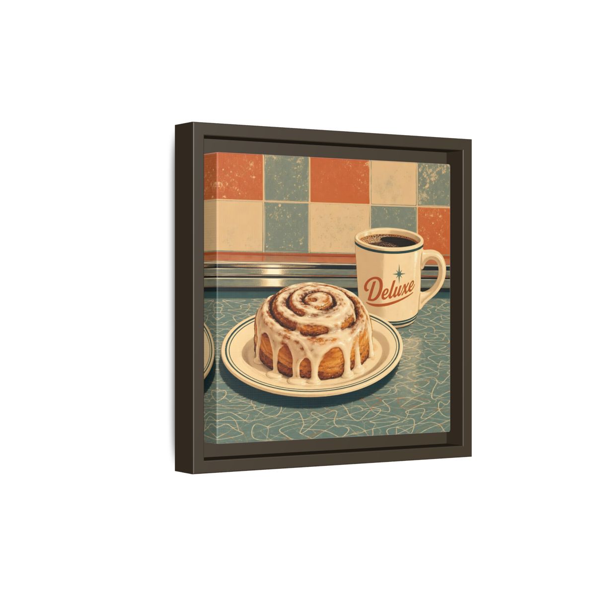 Side Mockup 20. Vintage Cinnamon Roll Blue Orange Retro shown as stretched canvas wall art
