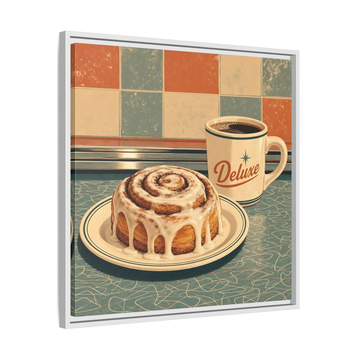 Side Mockup 26. Vintage Cinnamon Roll Blue Orange Retro shown as stretched canvas wall art