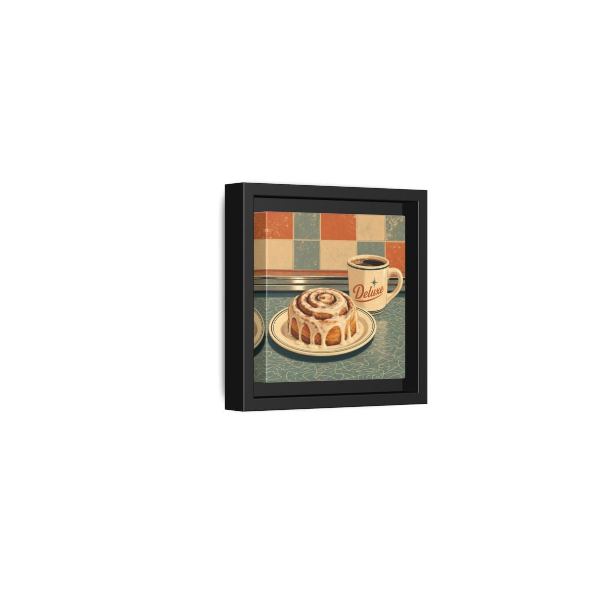 Side Mockup 24. Vintage Cinnamon Roll Blue Orange Retro shown as stretched canvas wall art