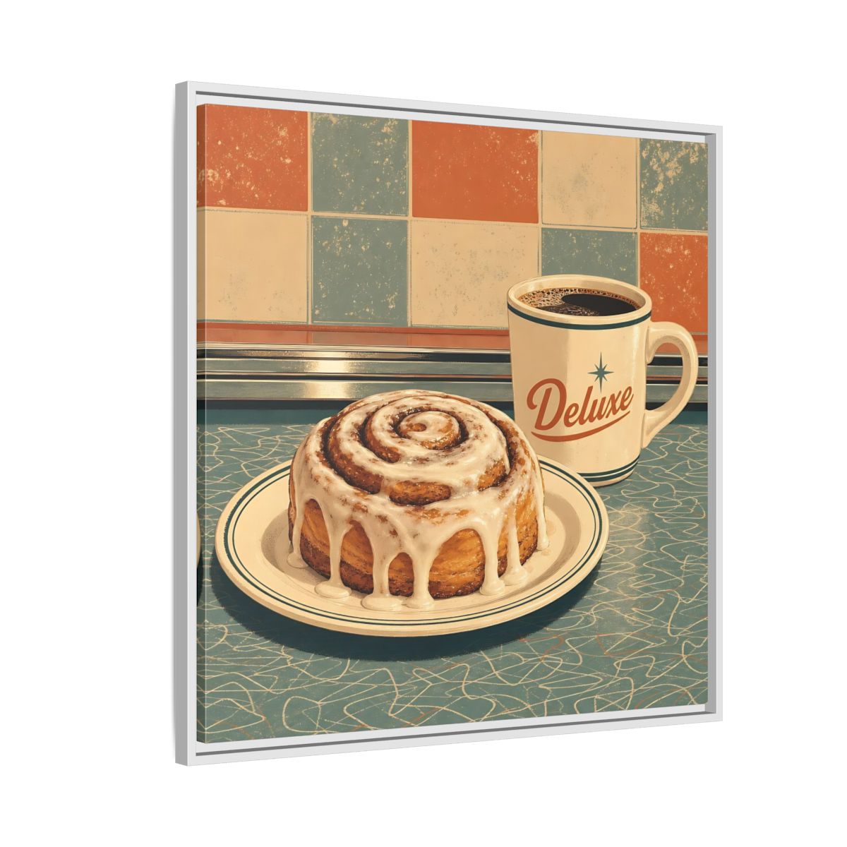 Side Mockup 7. Vintage Cinnamon Roll Blue Orange Retro shown as stretched canvas wall art