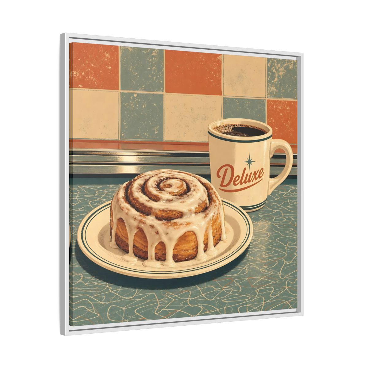Side Mockup 25. Vintage Cinnamon Roll Blue Orange Retro shown as stretched canvas wall art