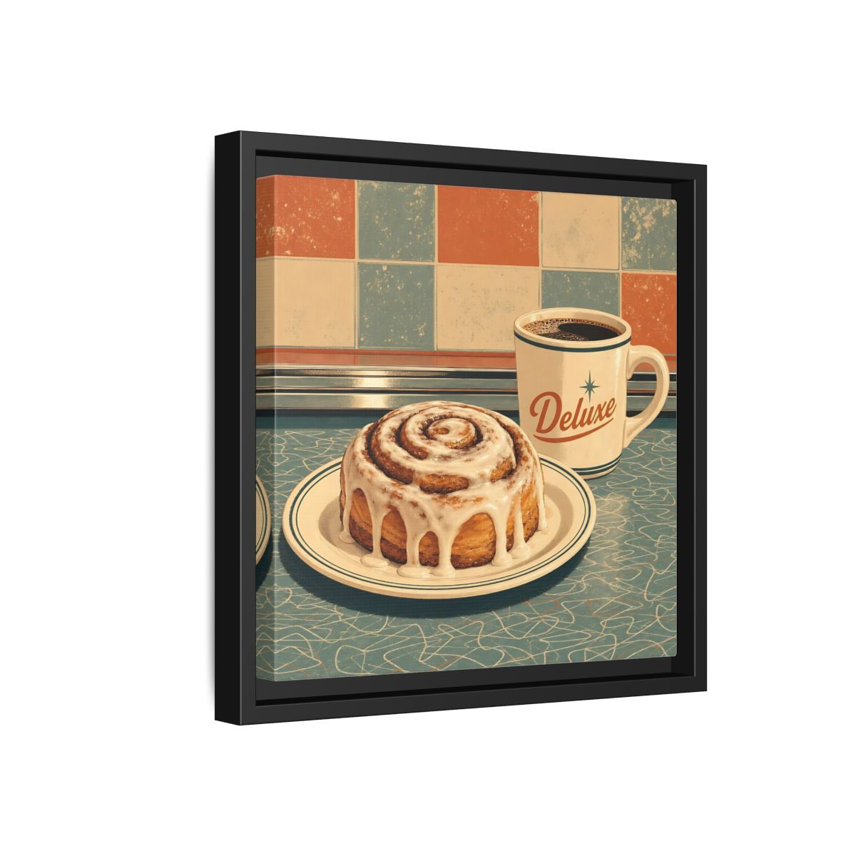 Side Mockup 18. Vintage Cinnamon Roll Blue Orange Retro shown as stretched canvas wall art