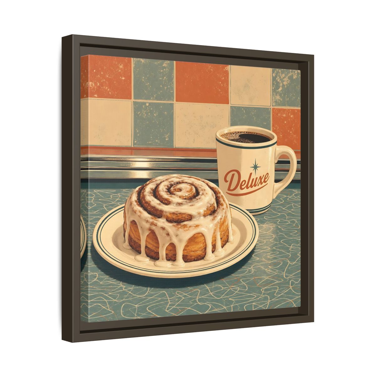 Side Mockup 29. Vintage Cinnamon Roll Blue Orange Retro shown as stretched canvas wall art