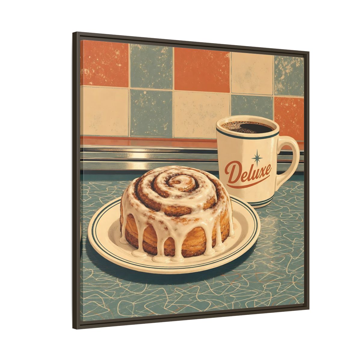 Side Mockup 5. Vintage Cinnamon Roll Blue Orange Retro shown as stretched canvas wall art