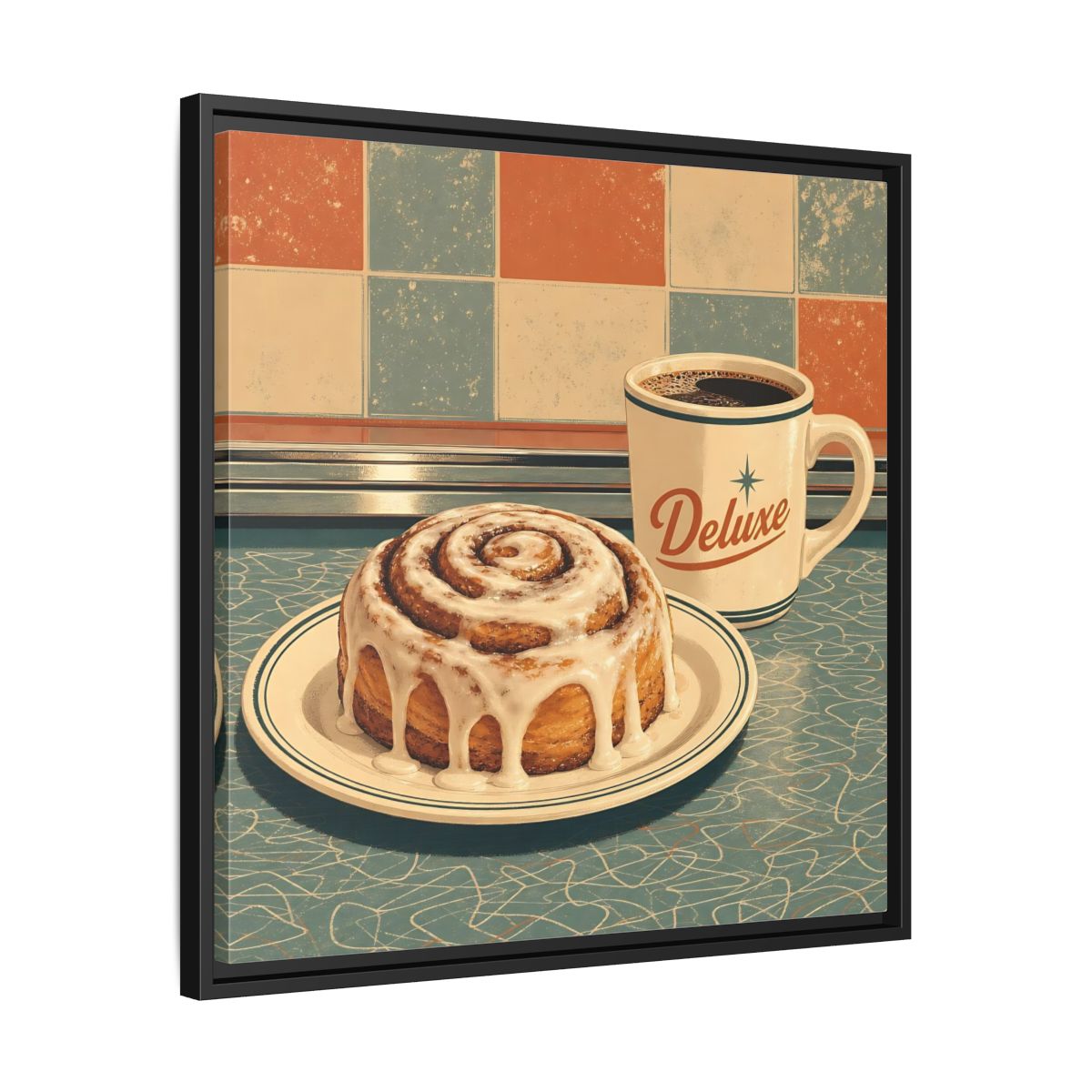 Side Mockup 31. Vintage Cinnamon Roll Blue Orange Retro shown as stretched canvas wall art