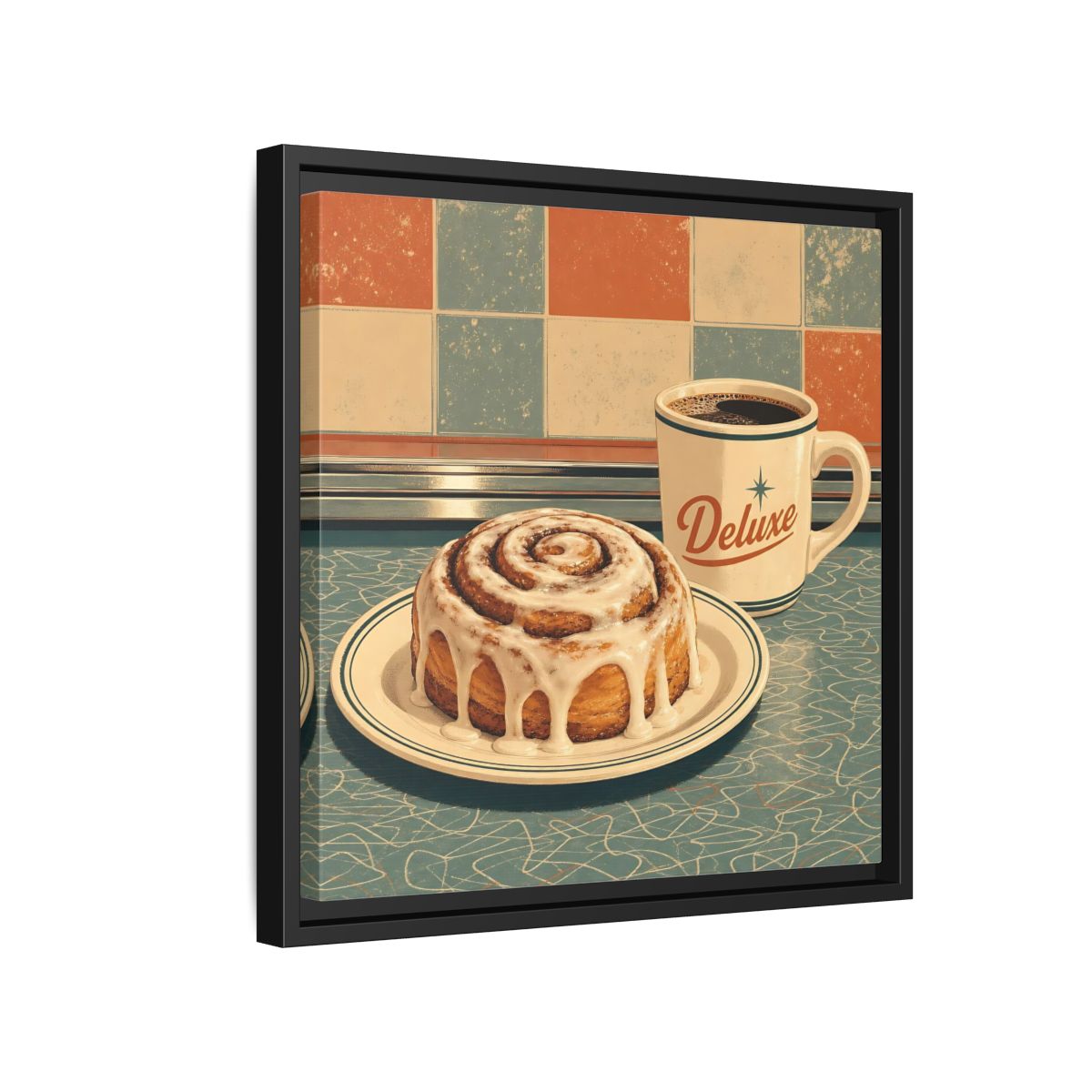 Side Mockup 15. Vintage Cinnamon Roll Blue Orange Retro shown as stretched canvas wall art