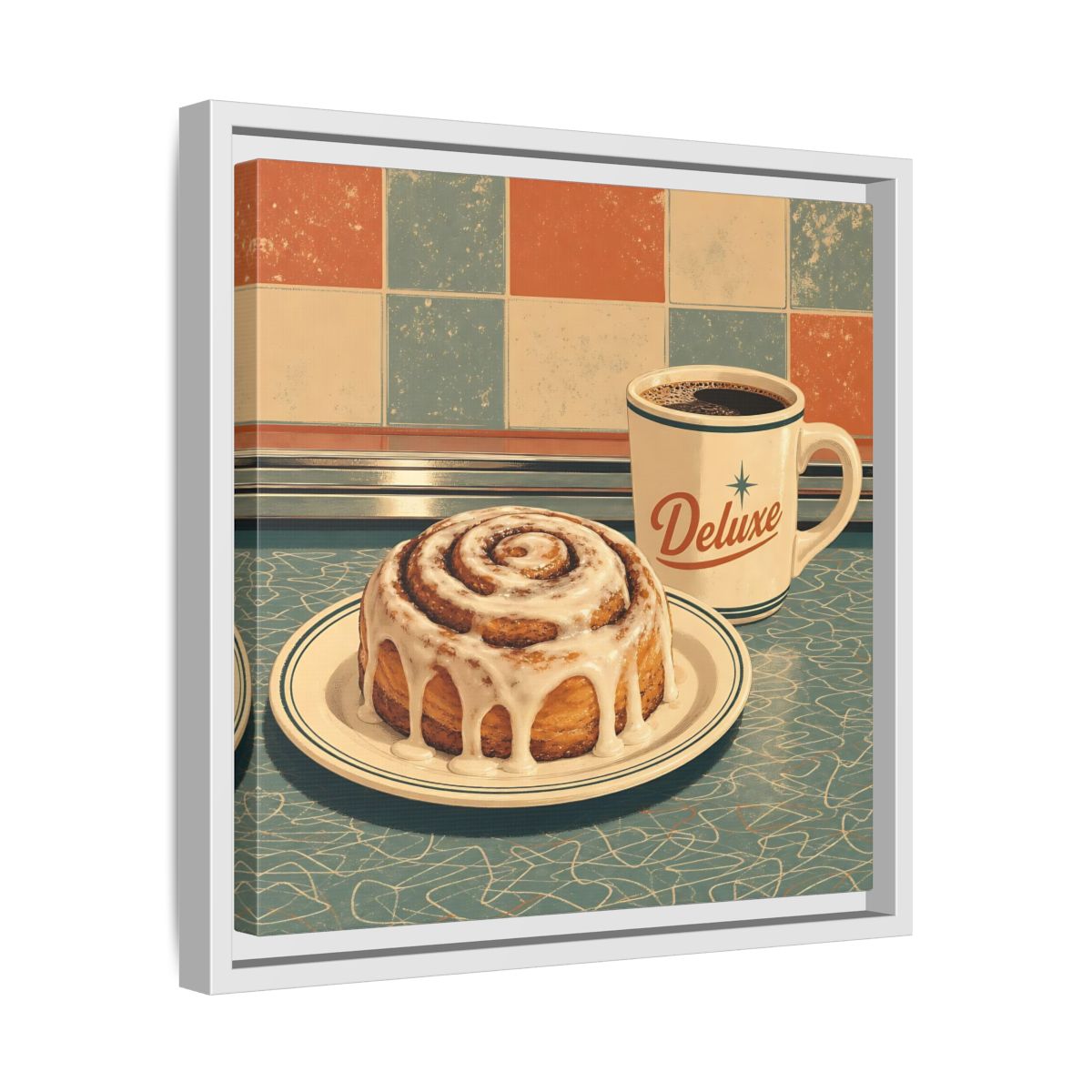Side Mockup 28. Vintage Cinnamon Roll Blue Orange Retro shown as stretched canvas wall art