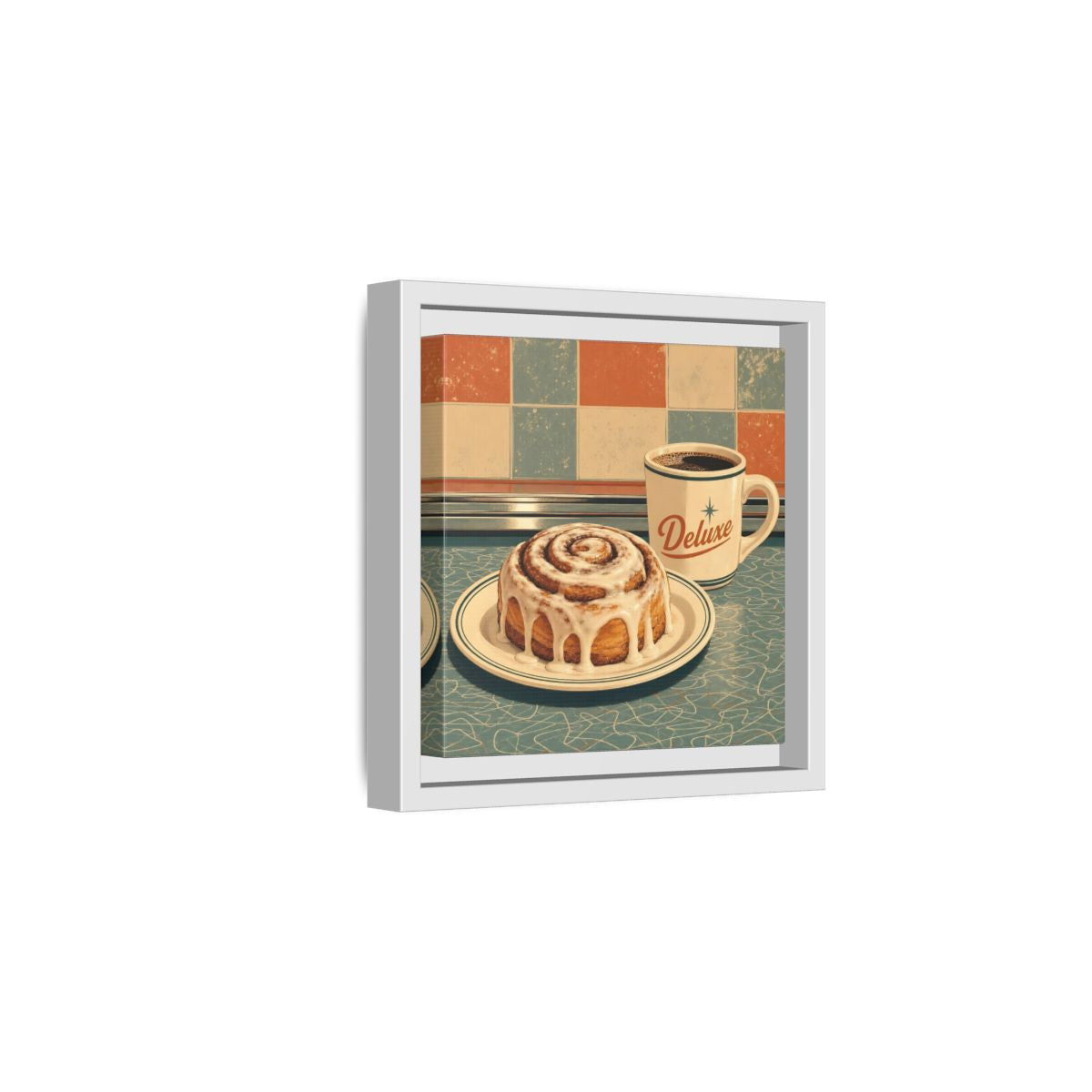 Side Mockup 1. Vintage Cinnamon Roll Blue Orange Retro shown as stretched canvas wall art
