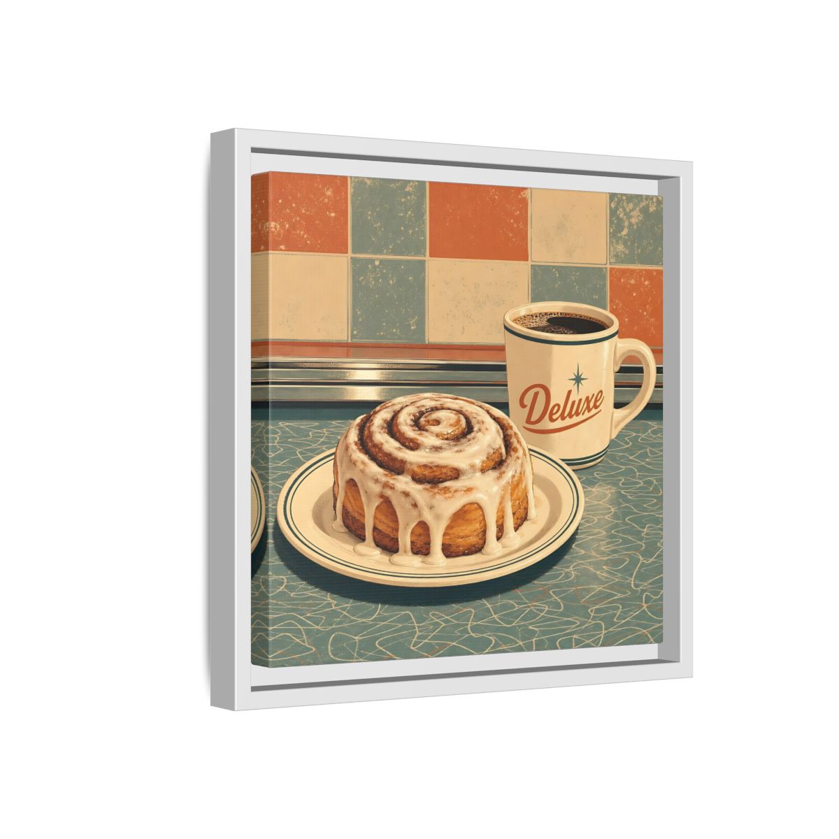 Side Mockup 16. Vintage Cinnamon Roll Blue Orange Retro shown as stretched canvas wall art