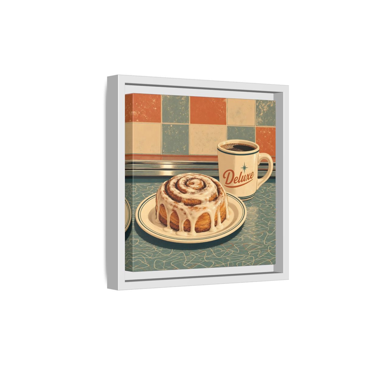 Side Mockup 19. Vintage Cinnamon Roll Blue Orange Retro shown as stretched canvas wall art