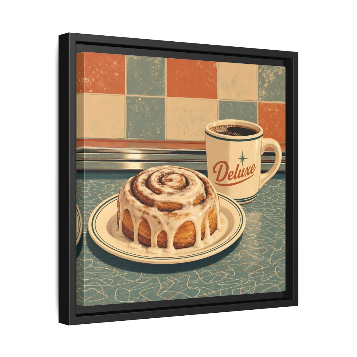 Side Mockup 32. Vintage Cinnamon Roll Blue Orange Retro shown as stretched canvas wall art
