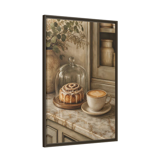Main Mockup. Vintage Cinnamon Roll Cinnamon Coffee Still Life shown as framed canvas print