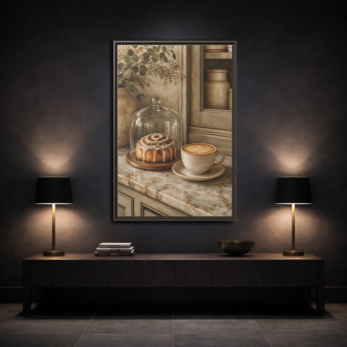 Mockup 2. Vintage Cinnamon Roll Cinnamon Coffee Still Life shown as framed canvas print