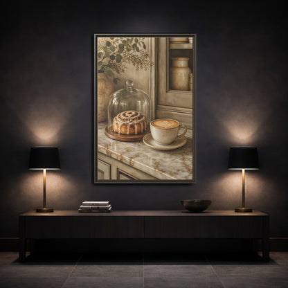 Mockup 2. Vintage Cinnamon Roll Cinnamon Coffee Still Life shown as framed canvas print