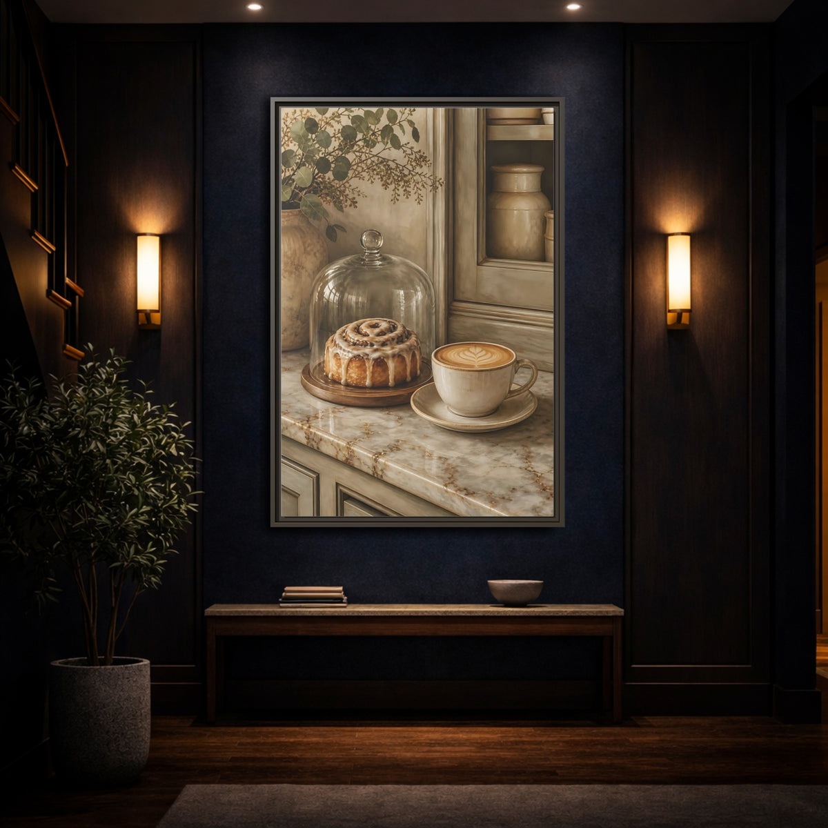 Mockup 4. Vintage Cinnamon Roll Cinnamon Coffee Still Life shown as framed canvas print