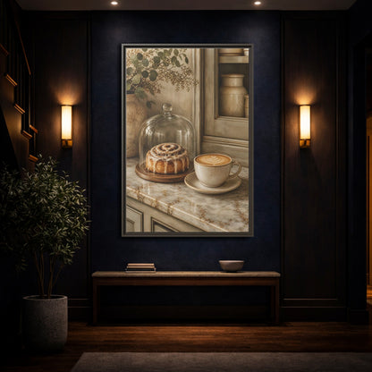 Mockup 4. Vintage Cinnamon Roll Cinnamon Coffee Still Life shown as framed canvas print