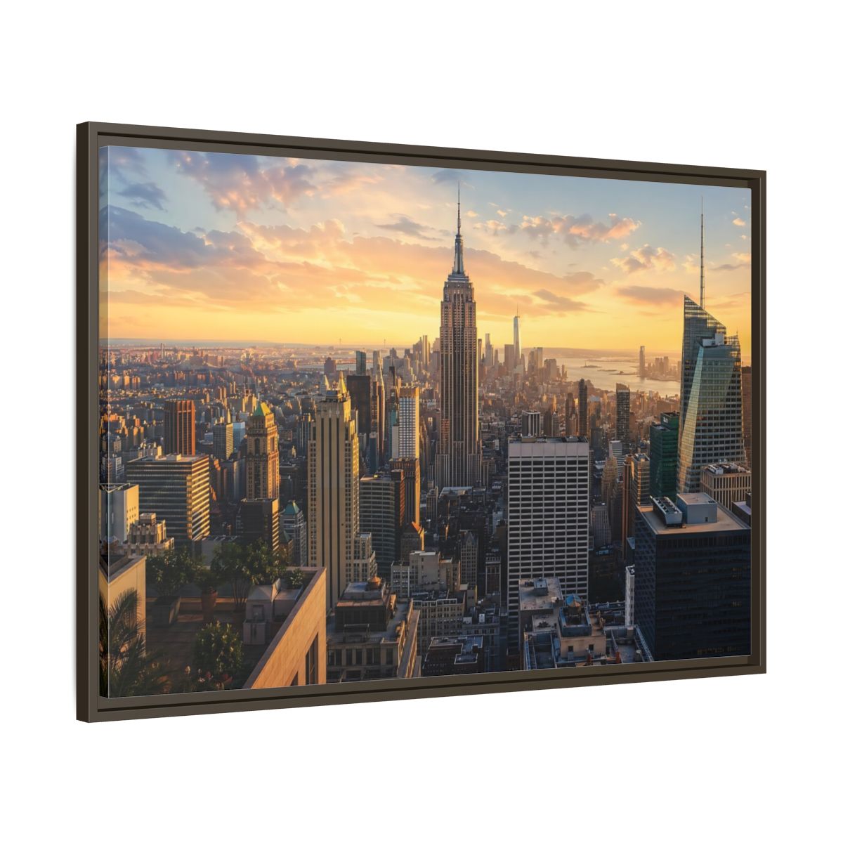 Main Mockup. Vintage City Skyline Golden Cityscape shown as stretched canvas wall art