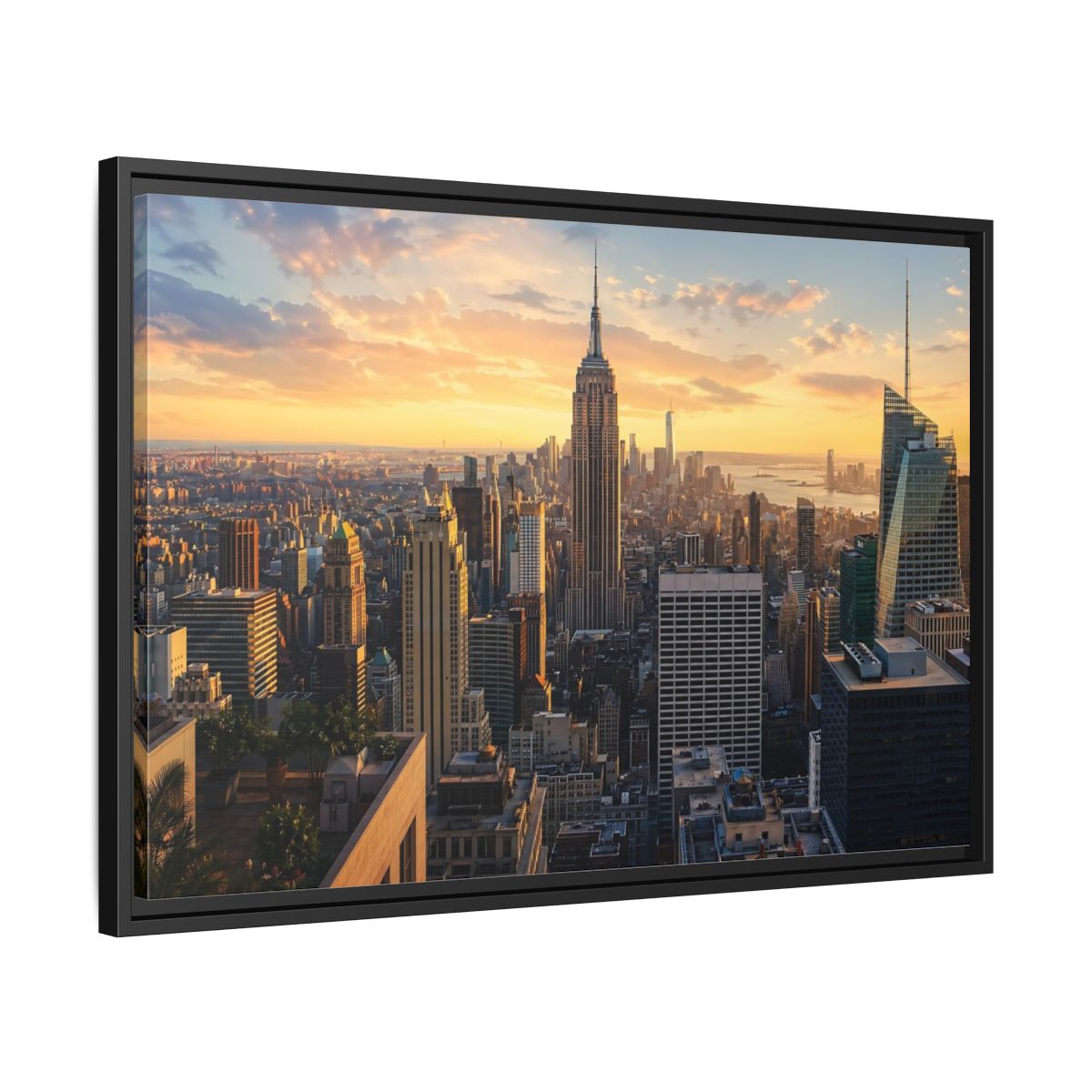 Side Mockup 14. Vintage City Skyline Golden Cityscape shown as stretched canvas wall art