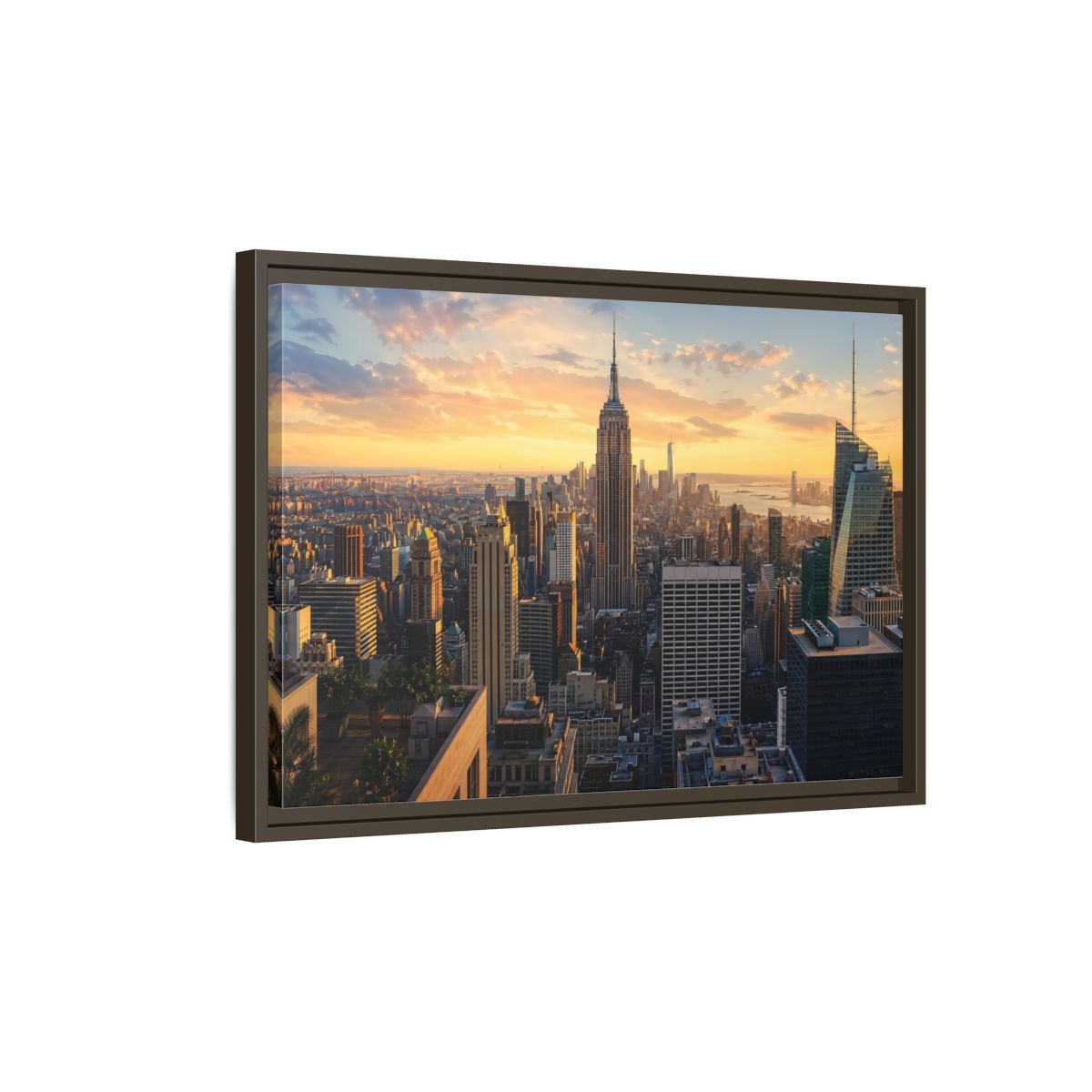 Side Mockup 2. Vintage City Skyline Golden Cityscape shown as stretched canvas wall art