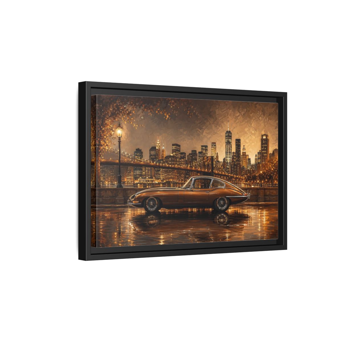 Side Mockup 6. Vintage Classic Car Brown And Gold shown as stretched canvas wall art