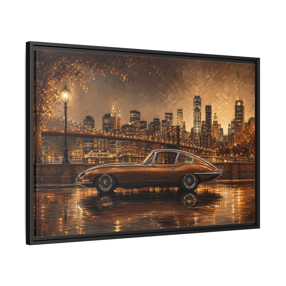 Side Mockup 13. Vintage Classic Car Brown And Gold shown as stretched canvas wall art