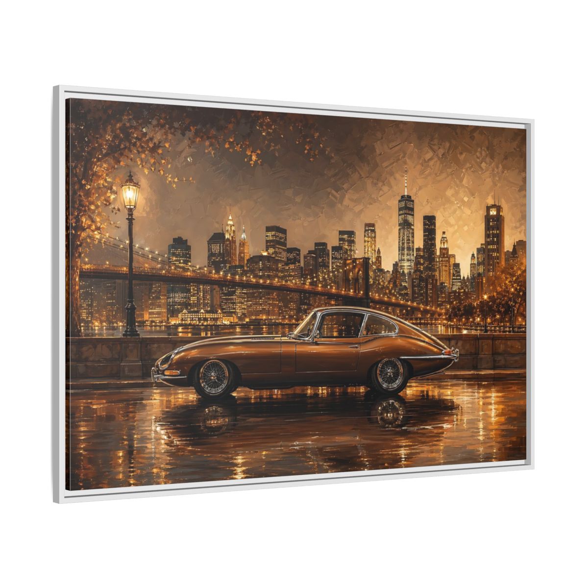Side Mockup 7. Vintage Classic Car Brown And Gold shown as stretched canvas wall art