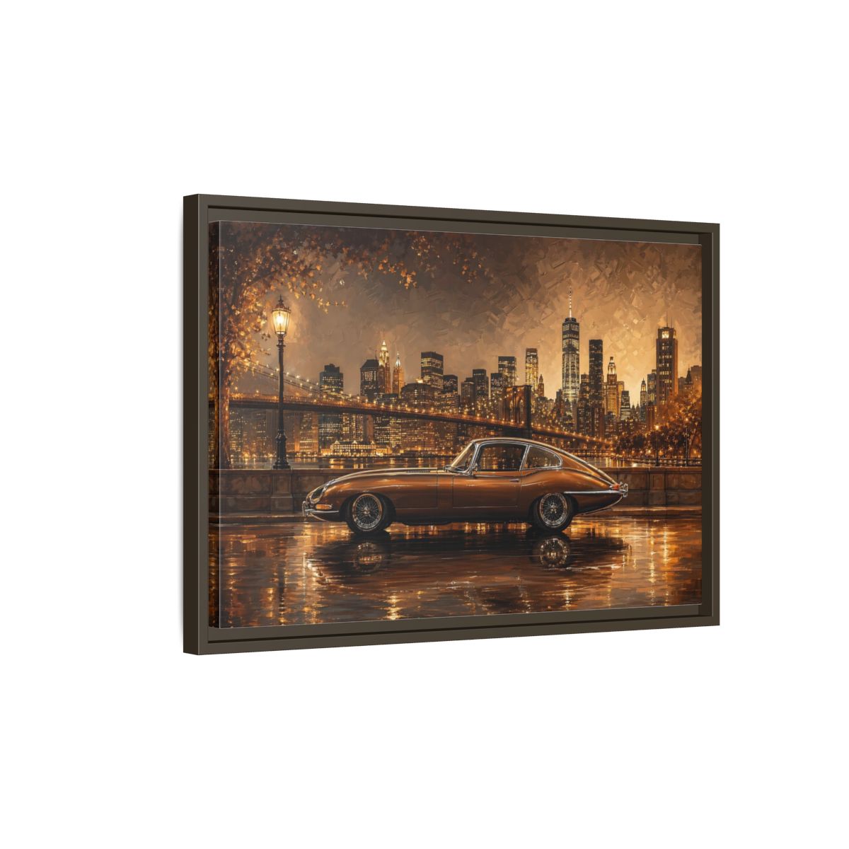 Side Mockup 2. Vintage Classic Car Brown And Gold shown as stretched canvas wall art