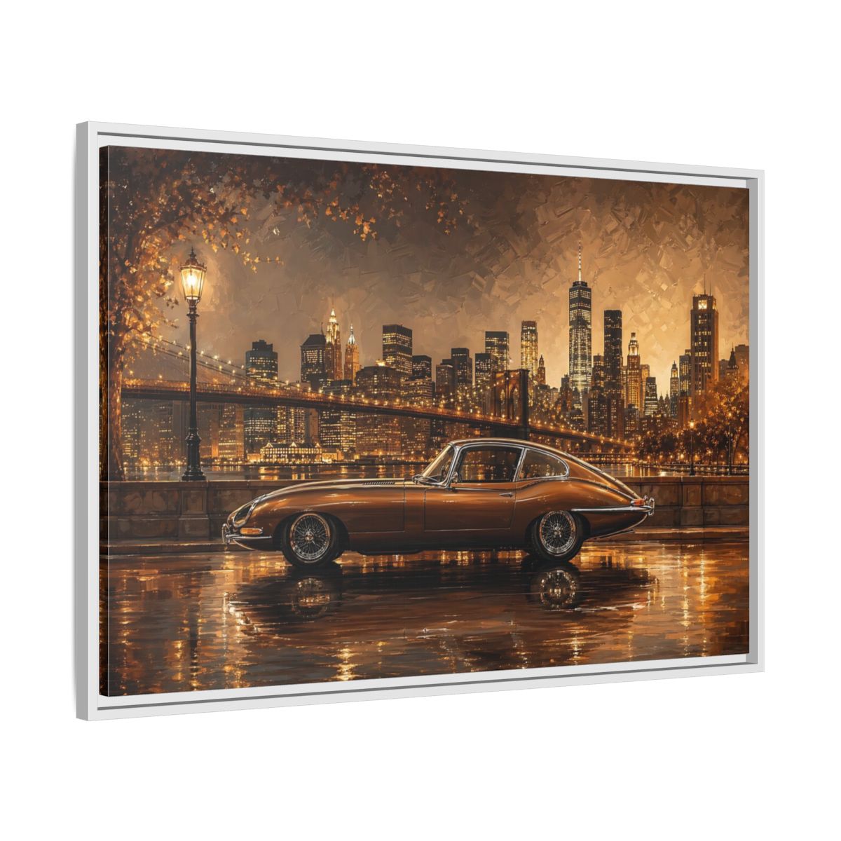 Side Mockup 9. Vintage Classic Car Brown And Gold shown as stretched canvas wall art