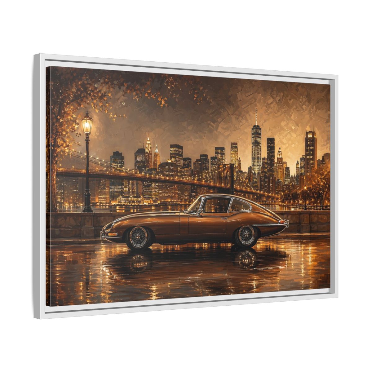 Side Mockup 10. Vintage Classic Car Brown And Gold shown as stretched canvas wall art