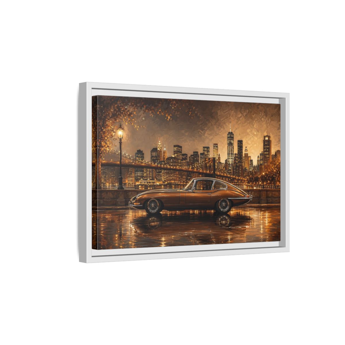 Side Mockup 4. Vintage Classic Car Brown And Gold shown as stretched canvas wall art