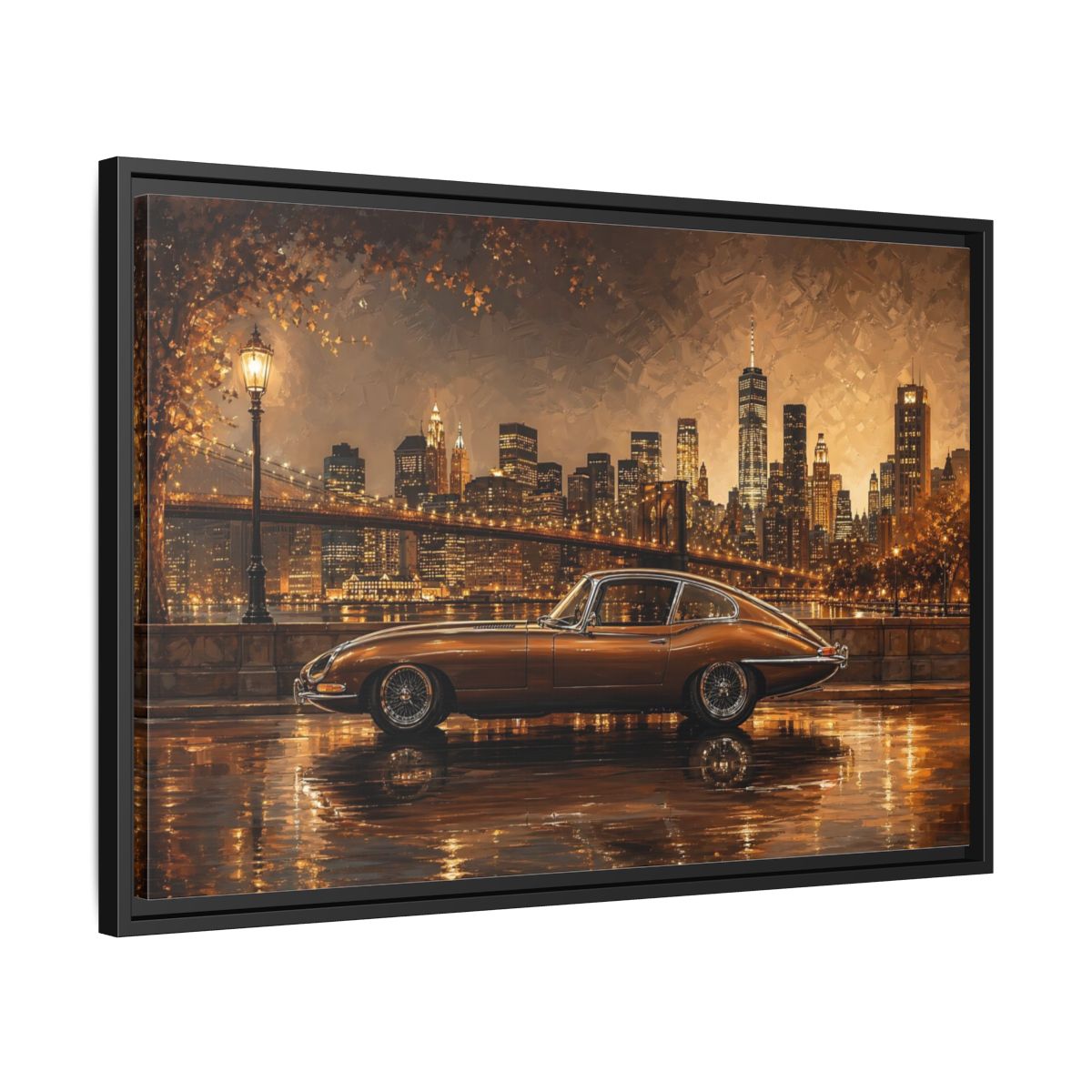 Side Mockup 14. Vintage Classic Car Brown And Gold shown as stretched canvas wall art