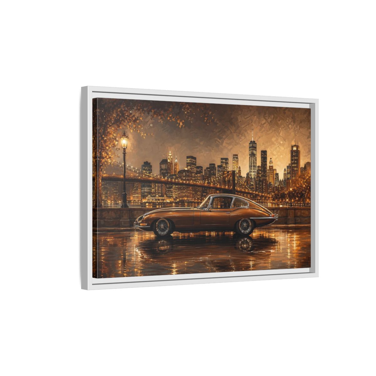 Side Mockup 1. Vintage Classic Car Brown And Gold shown as stretched canvas wall art