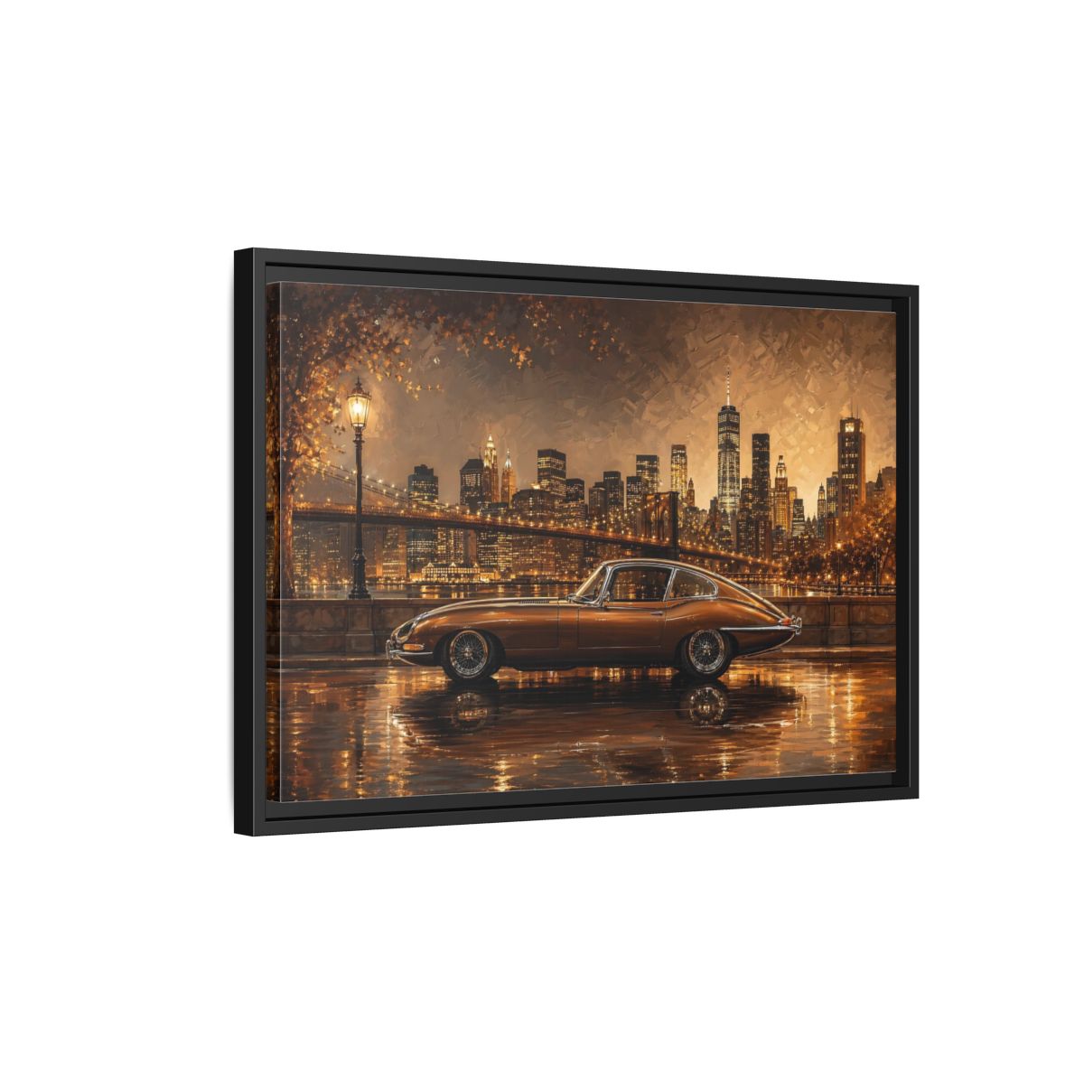 Side Mockup 3. Vintage Classic Car Brown And Gold shown as stretched canvas wall art