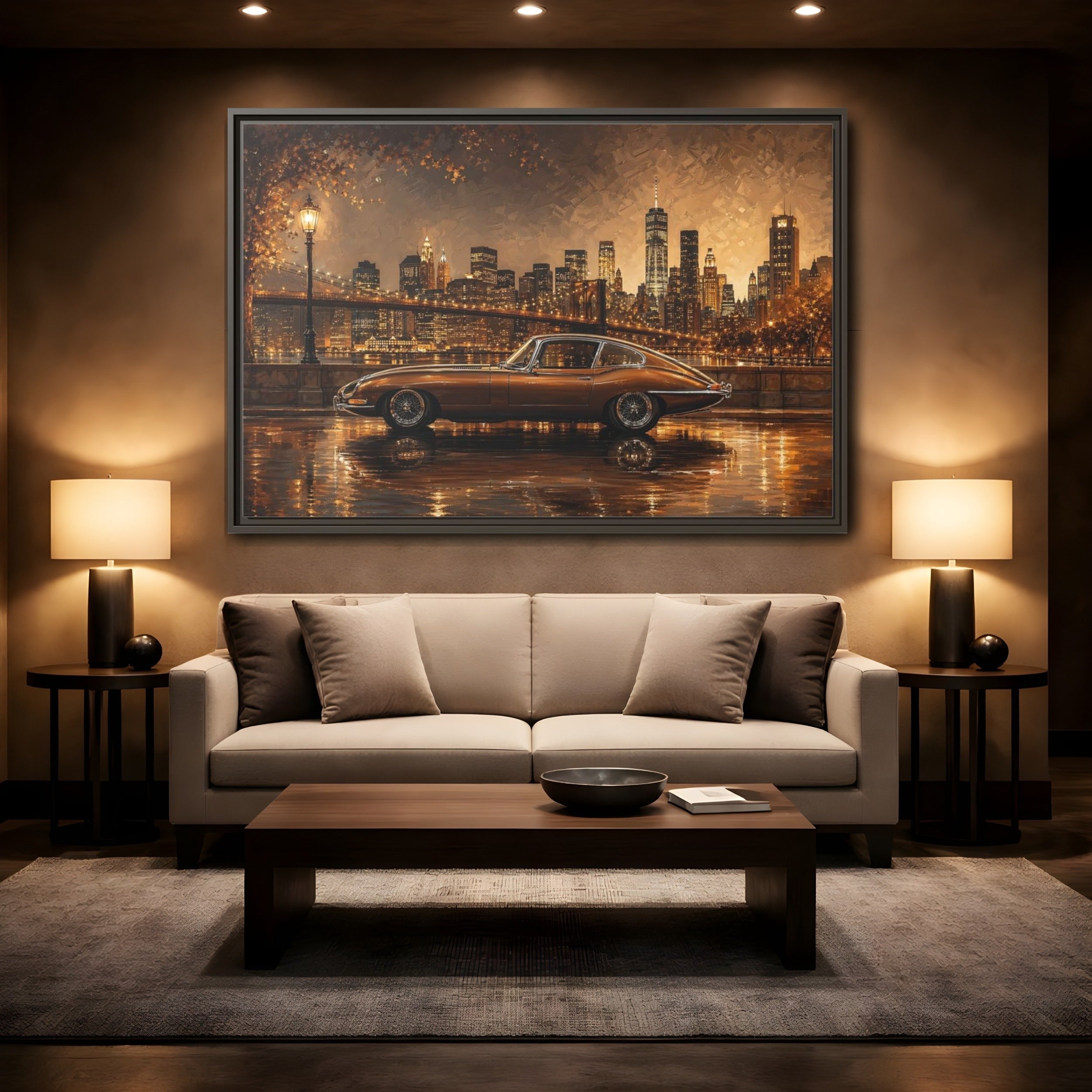 Mockup 2. Vintage Classic Car Brown And Gold shown as stretched canvas wall art