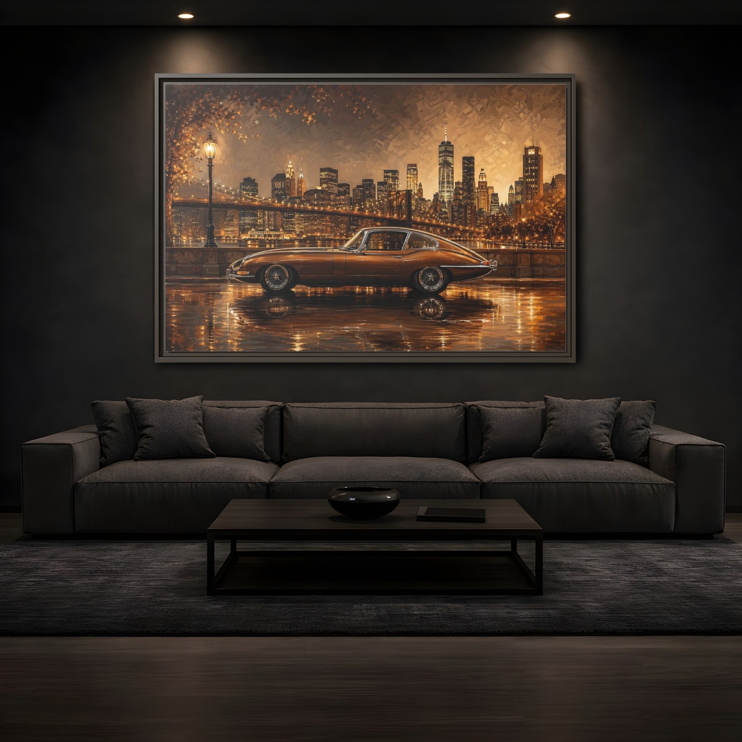Mockup 3. Vintage Classic Car Brown And Gold shown as stretched canvas wall art