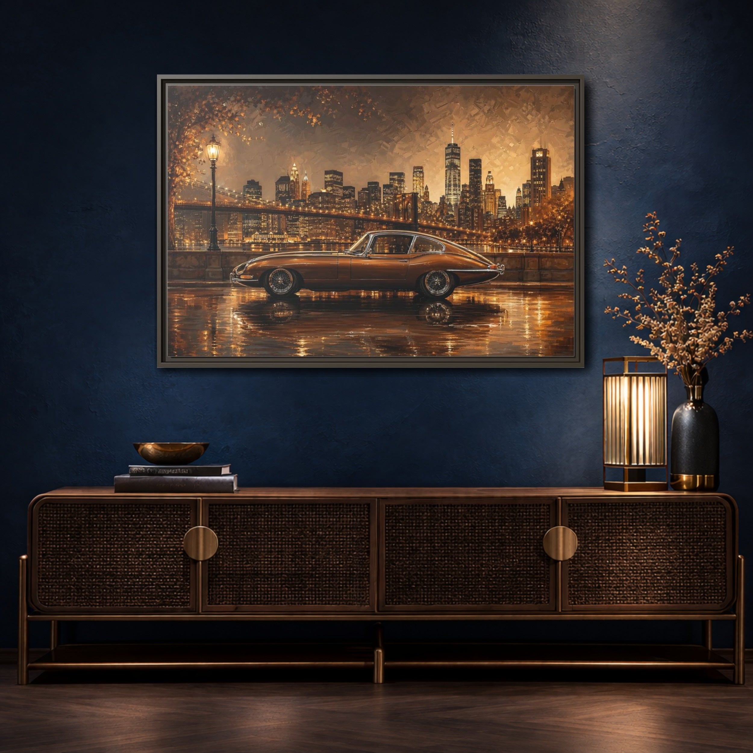 Mockup 4. Vintage Classic Car Brown And Gold shown as stretched canvas wall art