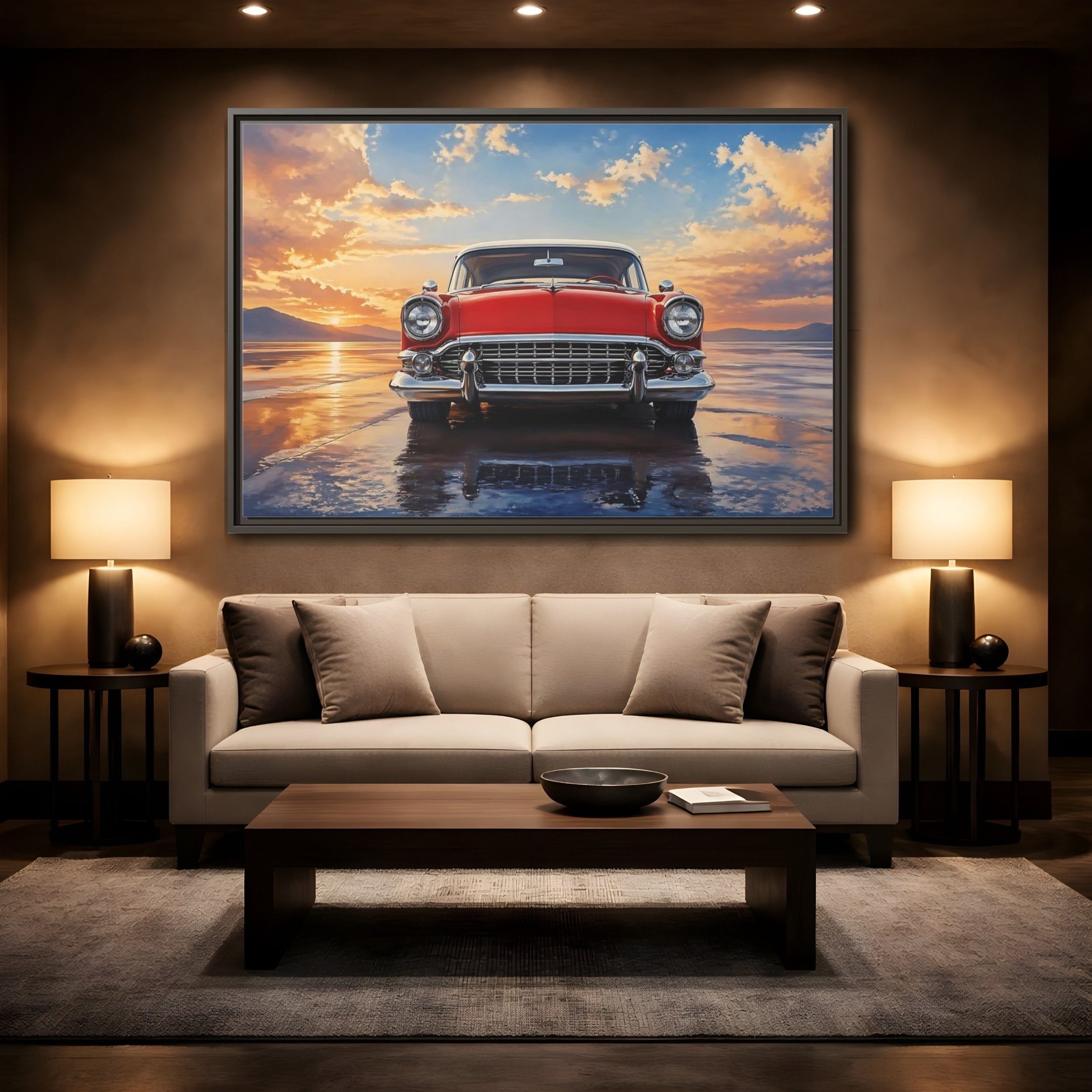 Mockup 2. Vintage Classic Car Red Classic Car shown as stretched canvas wall art