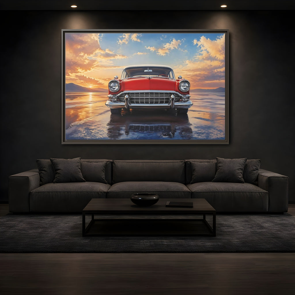 Mockup 3. Vintage Classic Car Red Classic Car shown as stretched canvas wall art