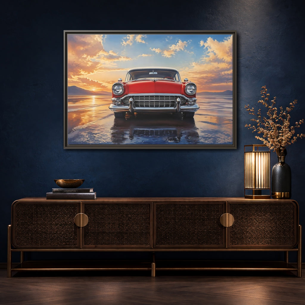 Mockup 4. Vintage Classic Car Red Classic Car shown as stretched canvas wall art