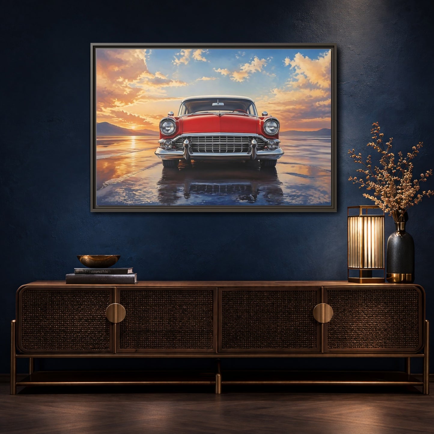 Mockup 4. Vintage Classic Car Red Classic Car shown as stretched canvas wall art