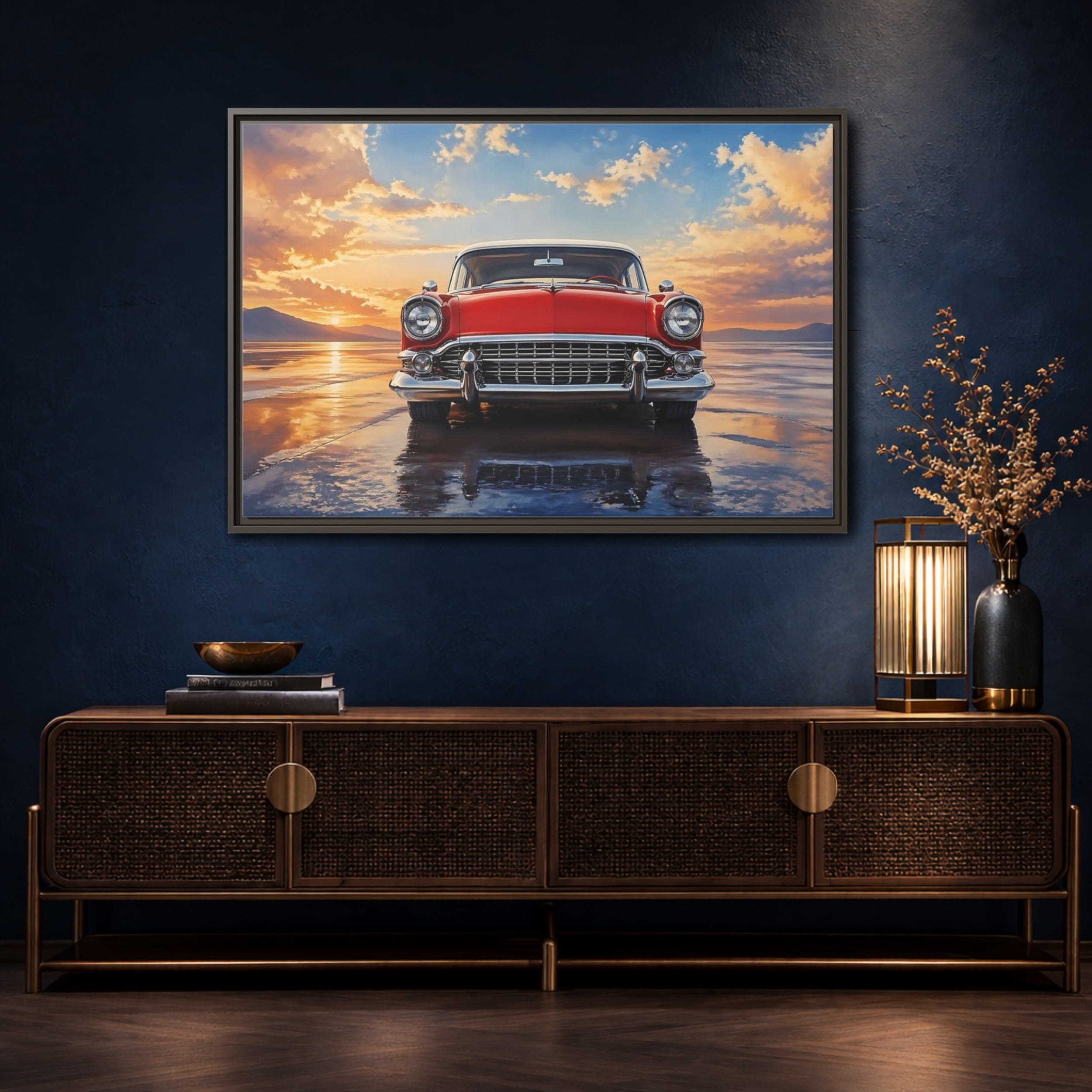 Mockup 4. Vintage Classic Car Red Classic Car shown as stretched canvas wall art