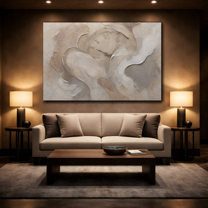 Mockup 2. Vintage Clock Face Beige Abstract shown as stretched canvas wall art