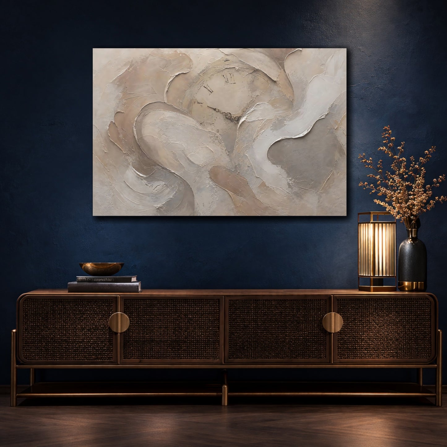 Mockup 4. Vintage Clock Face Beige Abstract shown as stretched canvas wall art