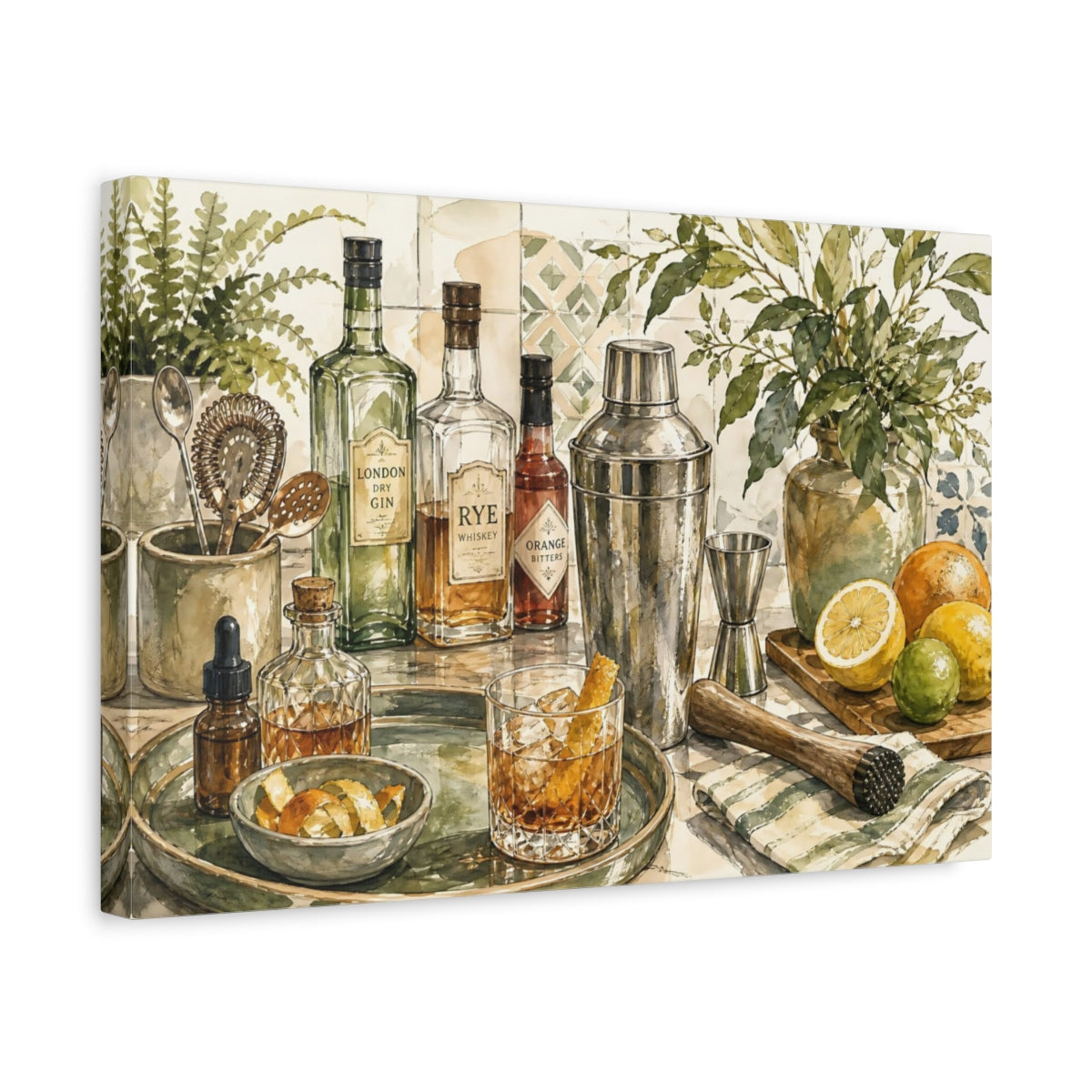 Side Mockup 4. Vintage Cocktail Bar Cocktail Bar Art shown as stretched canvas wall art