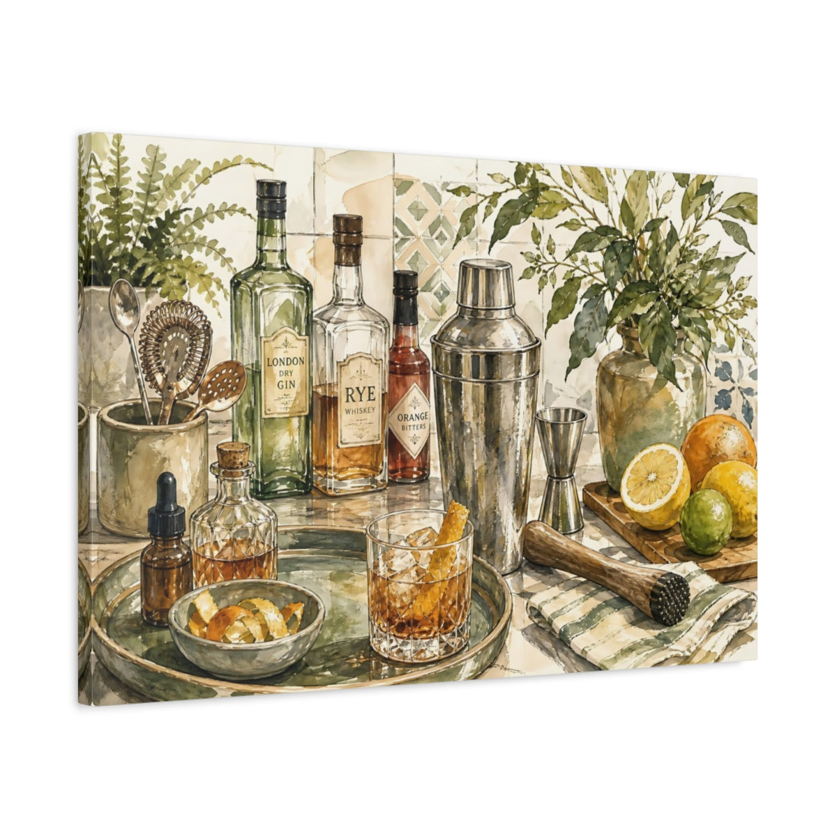 Side Mockup 2. Vintage Cocktail Bar Cocktail Bar Art shown as stretched canvas wall art