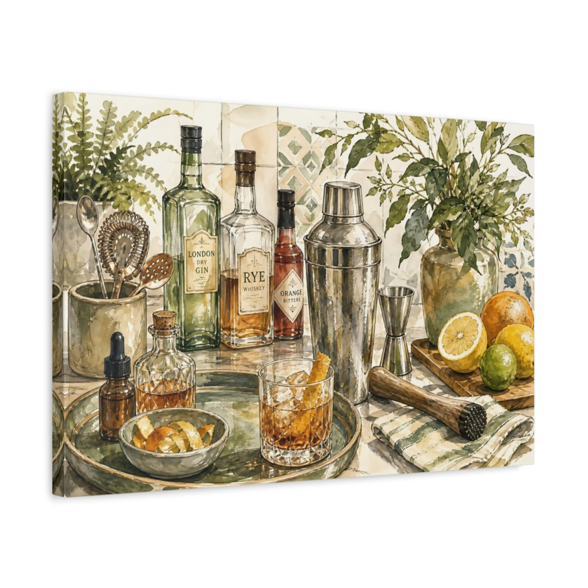 Side Mockup 3. Vintage Cocktail Bar Cocktail Bar Art shown as stretched canvas wall art