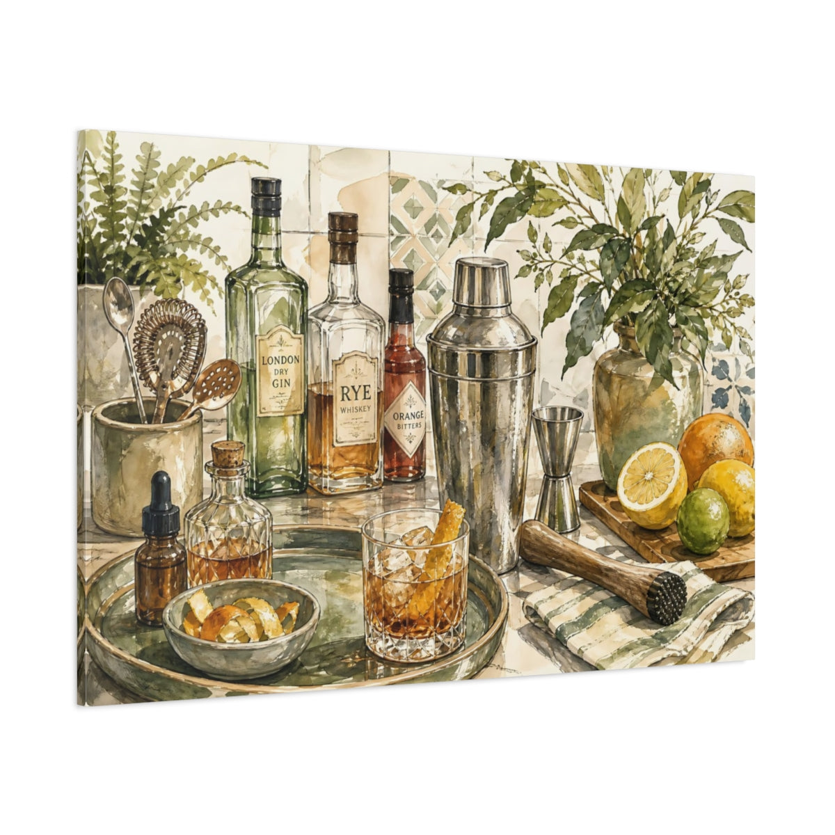 Side Mockup 1. Vintage Cocktail Bar Cocktail Bar Art shown as stretched canvas wall art